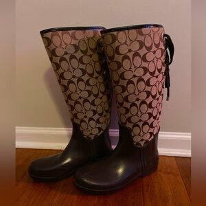 Coach Ladies 8 B Tristee Brown Signature C-Logo Rear Lace-up Rubber Rain Boots